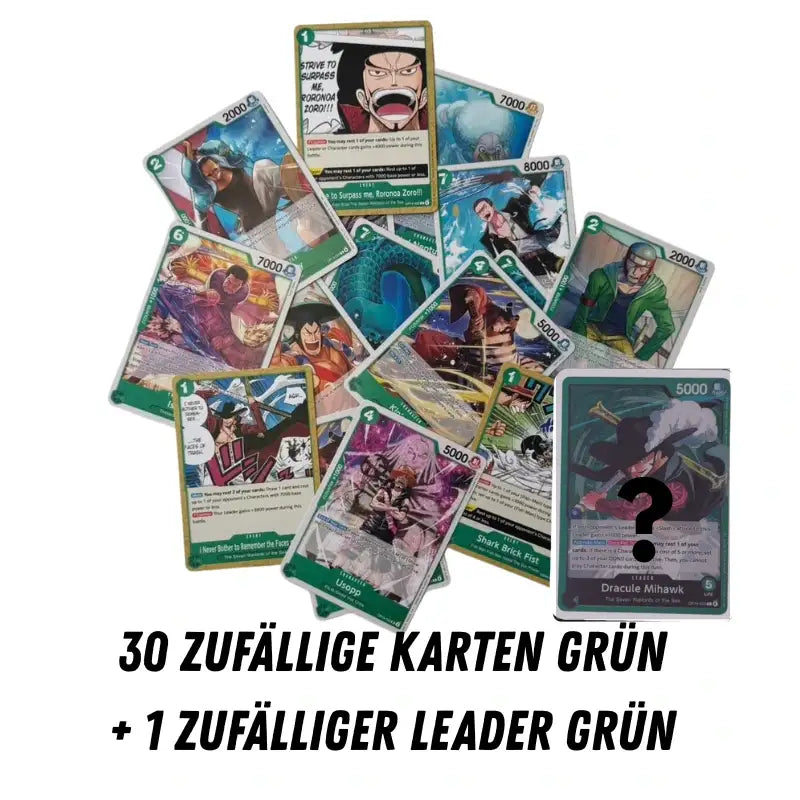 One Piece TCG grünes Themendeck mit 30 zufälligen Karten und grüner Leader-Karte in Verpackung